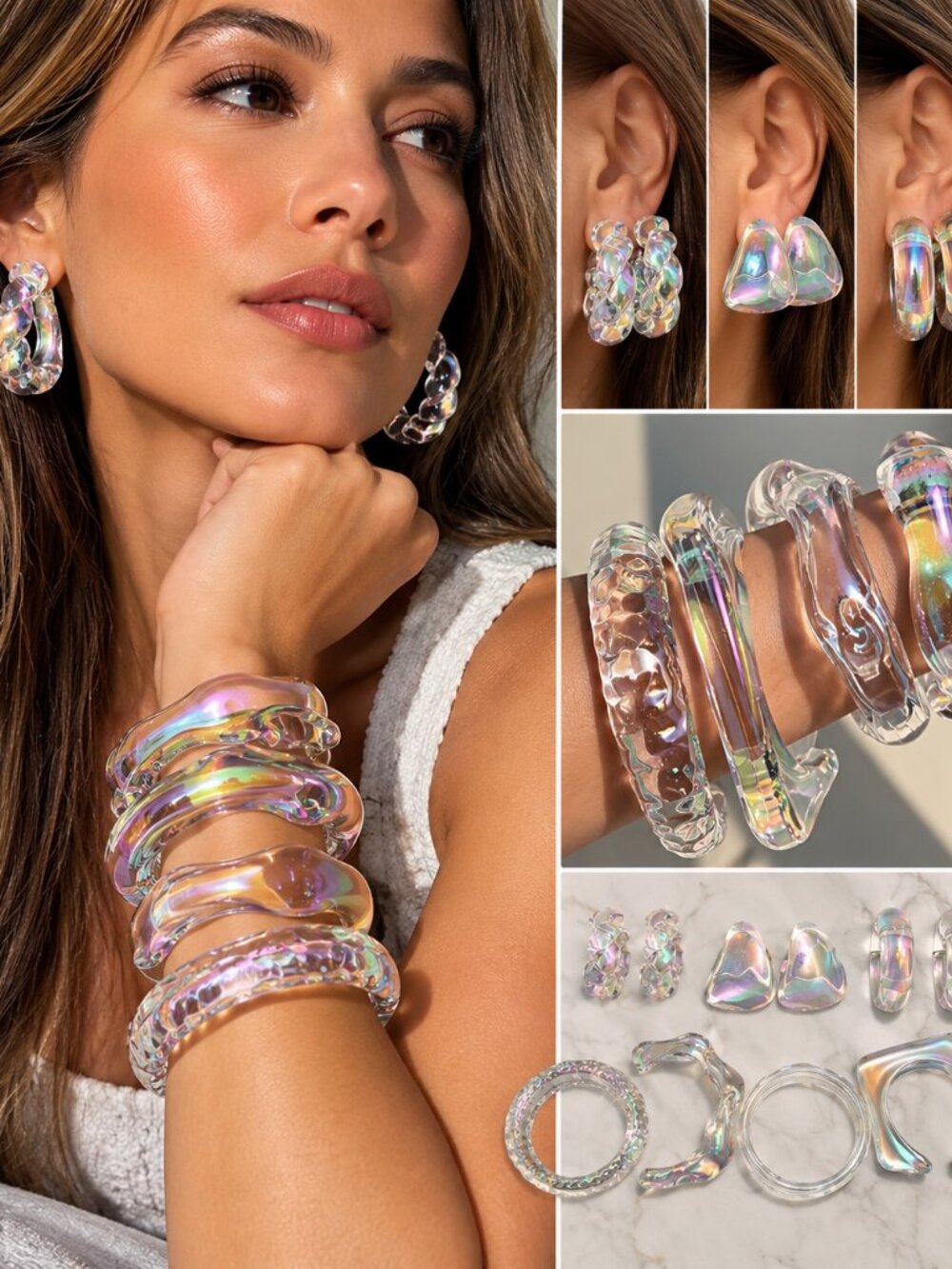 NEW Iridescent Jewelry Set – 4 Clear Resin Bangles & 3 Pairs Earrings – Chunky